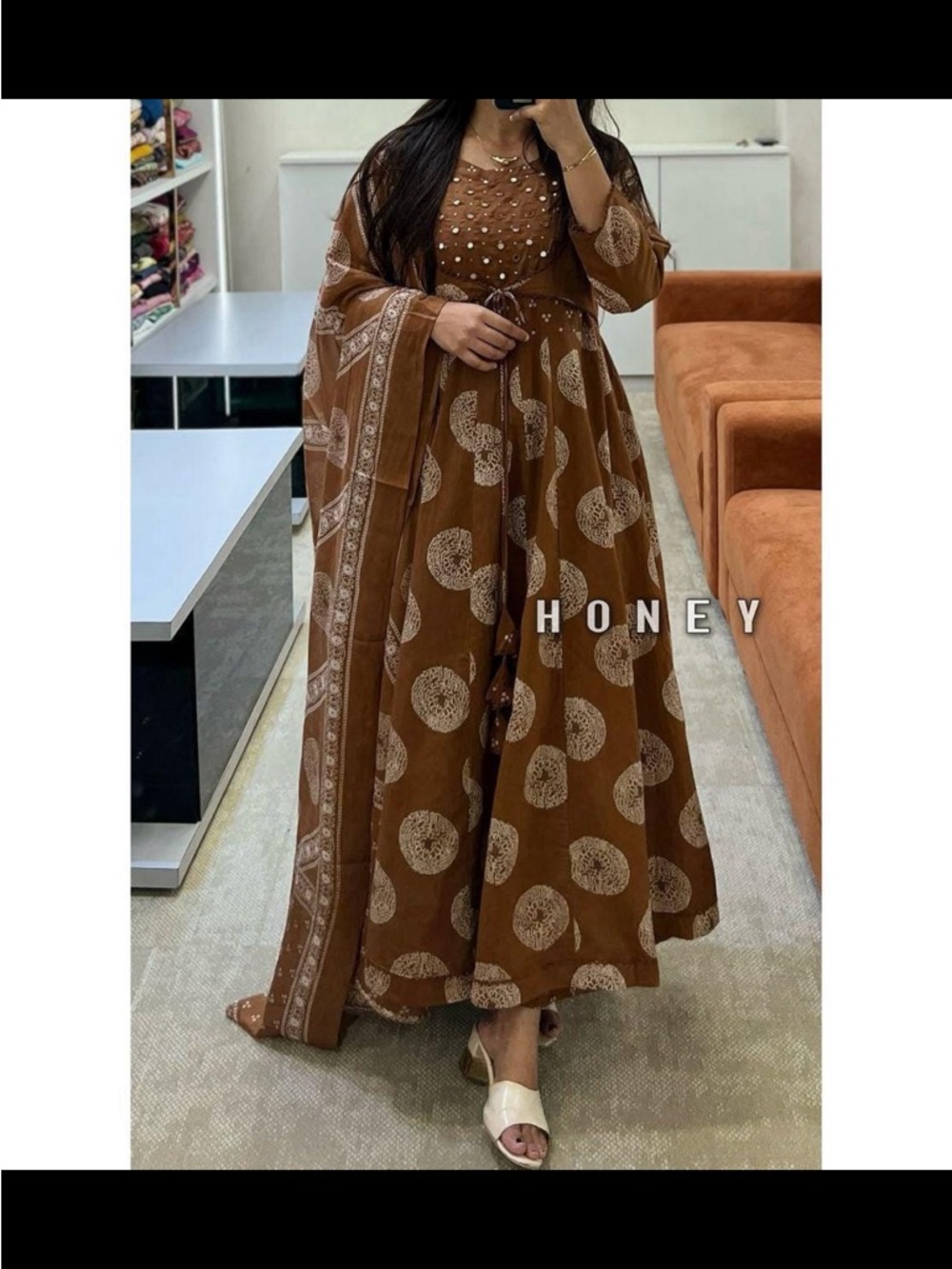 Printed Cotton Anarkali Kurta Set with Mirror Work Dupatta | Summer Wear